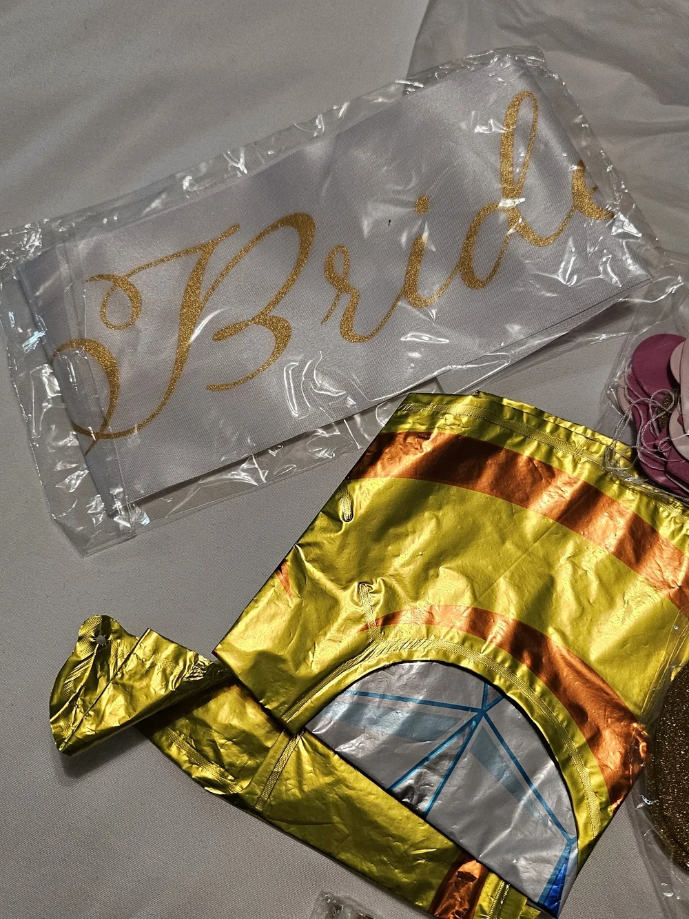 Bride Party Accessory Kit Gold and Pink Bridal Set Tiara Straws Balloons Sash